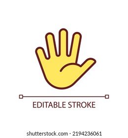 Hand with splayed fingers pixel perfect RGB color icon. Non verbal communication. Body language. Isolated vector illustration. Simple filled line drawing. Editable stroke. Arial font used