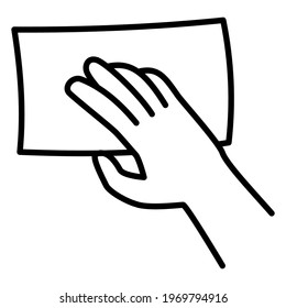 Hand with sponge cleans the surface. Cleaning, washing dust, dirt, polishing of furniture. Vector Icon, Outline, Isolated, Perfect 
