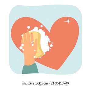 Hand with sponge and soap foam cleaning surface of red heart. Love, help and care from person flat vector illustration. Laundry day, charity concept for banner, website design or landing web page