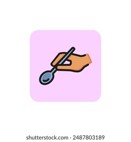 Mano con icono de línea de cuchara. Cucharada, comiendo, Pequeño. Concepto de cena. La Ilustración vectorial se puede utilizar para temas como postre, degustación, hambre