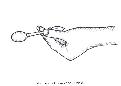 hand with with spoon is painted in an old style of engraving