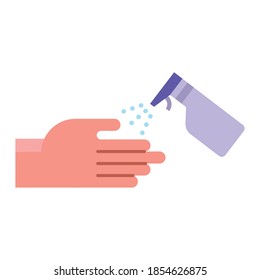 hand with spray bottle medical product flat style vector illustration design