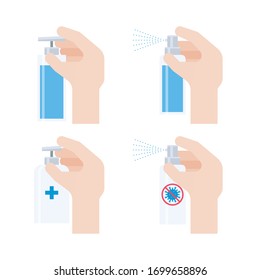 Hand with spray bottle or hand sanitizer vector icon set