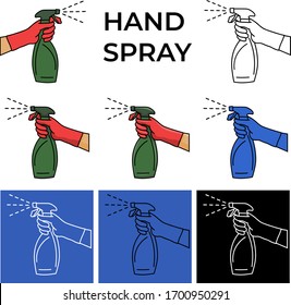 Hand spray. Hand with gloves and antibacterial sprayer. Isolated flat Icon set.