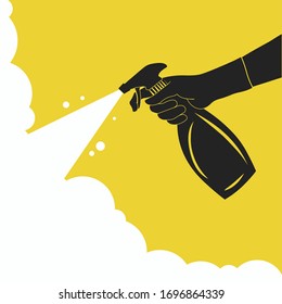 Hand with spray spraying cleaning disinfecting. Black silhouette on yellow background.