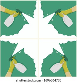 
Hand with spray spraying cleaning disinfecting. Set of 4 positions.