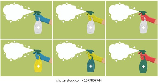 Hand with spray. Spraying, cleaning and disinfecting. Set of 6.