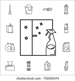 hand sprayer bottle and window for housework or windows cleaning icon. Set of cleaning tools icons on white background