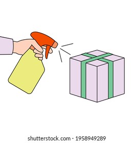 Hand spraying alcohol sanitizer dispenser cleaning parcel post, to prevent coronavirus, prevent infection and bacteria from postal sender. cleaning delivery box. spray alcohol.