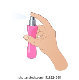 Hand spraying colorful cloud from beautiful perfume bottle