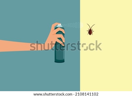 

Hand Spraying Insecticide on Crawling Bug Vector illustration. Person using anti-roach poisonous spray to eliminate infestation problem
