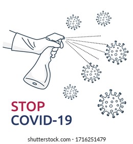 HAND SPRAYING MERS-Cov, COVID-19, Novel coronavirus, 2019-nCoV, virus being killed by spray, disinfectant solution. Stop Covid-19 text concept. VECTOR OUTLINE illustration