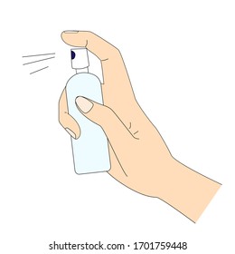Hand sprays an antiseptic solution to disinfect hands and surfaces. Prevention of infection with coronavirus, flu, infection, bacteria. Vector illustration  in cartoon style.