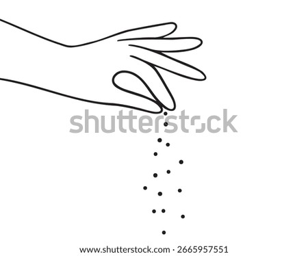 Hand sprinkle icon doodle hand drawn. Sprinkling hand gesture. Adding salt or pepper, spice to food. Outline line drawing clipart symbol. Vector illustration