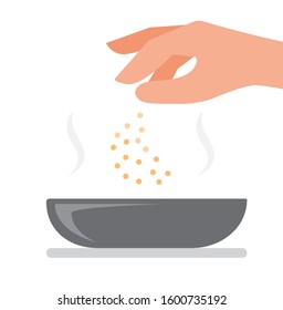 Hand sprinkle salt on bowl, chef adds seasoning to the cuisine cartoon cartoon flat illustration vector