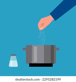 Hand sprinkle sea salt on cooking pot in flat design.