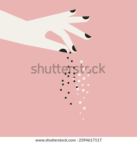 Hand sprinkle. Sprinkling hand gesture. Adding condiment, salt, pepper, spice pinch to food. Salting. Cooking. Baking. Flat trendy abstract style. Vector illustration. For recipes, menu, cafe, decor.