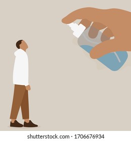 Hand sprinkles antiseptic on a male character