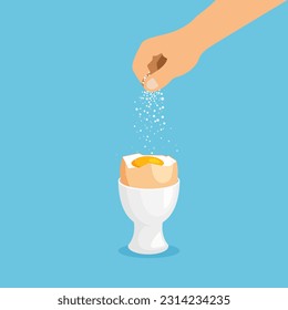 Hand sprinkles salt on the boiled egg in a holder. Healthy breakfast icon. Cooking ingredient. Vector illustration in trendy flat style isolated.