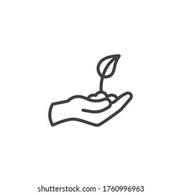 Mano con icono de línea de brote. signo de estilo lineal para concepto móvil y diseño web. Planta de retención manual con icono vector de contorno de hoja. Símbolo ecológico, ilustración del logotipo. Gráficos vectoriales