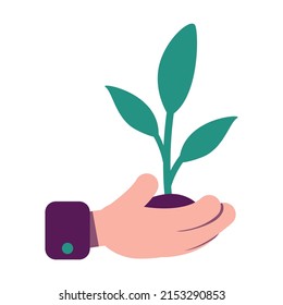 Hand with sprout semi flat color vector object. Ecosystem conservation. Full sized item on white. Agricultural ecology. Simple cartoon style illustration for web graphic design and animation