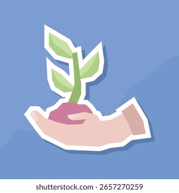 Mano con la etiqueta engomada de la planta que brota con la paleta de color suave plana en estilo del recorte