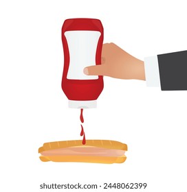 Hand squeeze ketchup to hotdog. vector