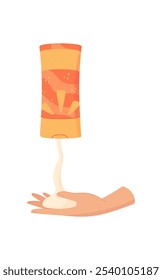 Tubo de loção de bloco de sol de aperto manual, garrafa de creme de spf criativo, bloco de óleo de protetor solar cartoon, tubo cosmético de bloco solar plano, recipiente hidratante fator de proteção solar vetorial,