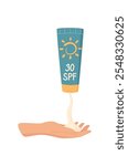 Hand squeeze sunscreen cream bottle, flat sunblock cosmetic bottle, creative uv block oil container, cartoon solar protection lotion pack, vector spf cream tube,