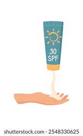 Garrafa de creme de protetor solar de aperto manual, garrafa cosmética de protetor solar plana, recipiente criativo de óleo de bloco uv, bloco de loção de proteção solar de desenho animado, tubo de creme spf vetor,