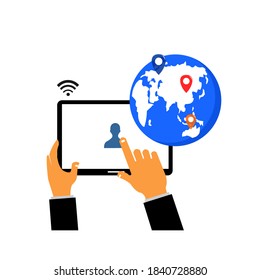 hand squeeze the tablet and the deep earth navigation icon on it