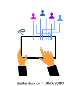 hand squeeze the tablet and multicolored people icon on it