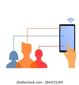 hand squeezed the smartphone and several transparent people next to it