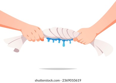 Hand squeezed and twist wet cloth vector isolated on white background.