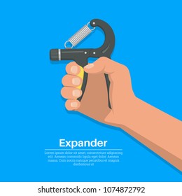 The hand squeezes a carpal spring expander.Concept of a healthy lifestyle. Training of muscles of hands. Design elements. A vector illustration in flat style.