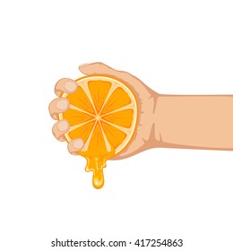 Hand squeezes fresh ripe orange isolated on white background, illustration.