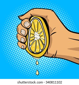 Hand squeezes lemon pop art comic book style vector illustration