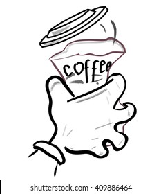 hand squeezes a paper cup of coffee. vector