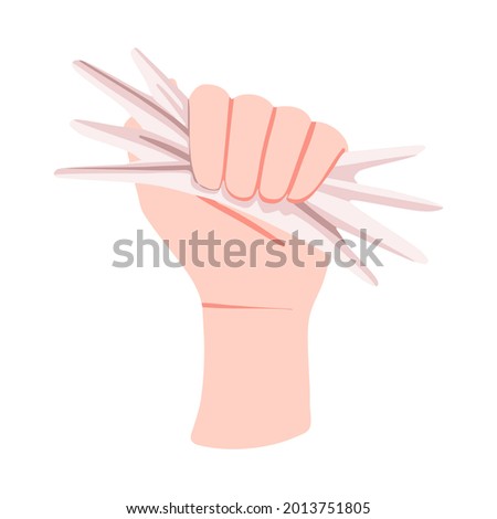 Hand squeezes paper vector. The hand holds the white sheet tightly. Crumpled paper, gesture. Symbol of fight and anger. Concept of not agree and protesting. Isolated on white background