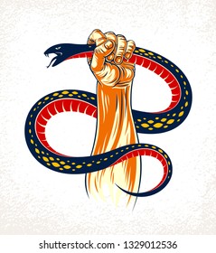 Hand squeezes a snake, fight against evil devil and Satan, control your inner beast animal, archetype shadow, life is a fight concept, vintage vector logo or tattoo.