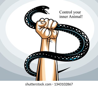 Hand squeezes a snake, fight against evil devil and Satan, control your inner beast animal, archetype shadow, life is a fight concept, vintage vector logo or tattoo.