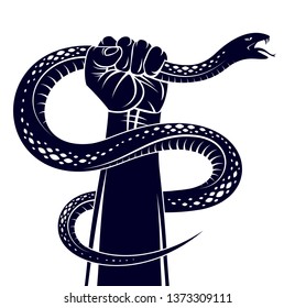 La mano estruja una serpiente, lucha contra el demonio y Satanás, control de su animal interior de bestia, sombra de arquetipo, la vida es un concepto de lucha, logo vectorial vintage o tatuaje.