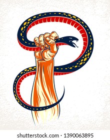 Hand squeezes a snake, fight against evil, control your dark side, internal conflict, archetype shadow, life is a fight concept, vintage vector logo or tattoo.
