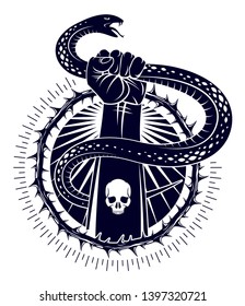 Hand squeezes a snake, fight against evil devil and Satan, control your inner beast animal, archetype shadow, life is a fight concept, vintage vector logo or tattoo.