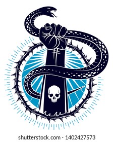 Hand squeezes a snake, fight against evil devil and Satan, control your inner beast animal, archetype shadow, life is a fight concept, vintage vector logo or tattoo.