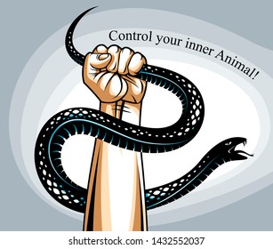 Hand squeezes a snake, fight against evil, control your dark side, internal conflict, archetype shadow, life is a fight concept, vintage vector logo or tattoo.