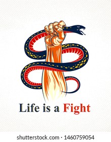 Hand squeezes a snake, fight against evil, control your dark side, internal conflict, archetype shadow, life is a fight concept, vintage vector logo or tattoo.