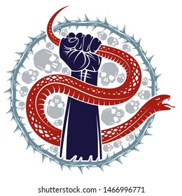 Hand squeezes a snake, fight against evil devil and Satan, control your inner beast animal, archetype shadow, life is a fight concept, vintage vector logo or tattoo.