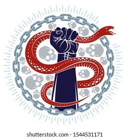 Hand squeezes a snake, fight against evil devil and Satan, control your inner beast animal, archetype shadow, life is a fight concept, vintage vector logo or tattoo.