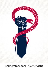 Hand squeezes a snake, fight against evil, control your dark side, internal conflict, archetype shadow, life is a fight concept, vintage vector logo or tattoo.